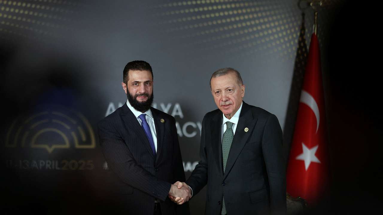 Turkey's President Tayyip Erdogan meets with Syria's interim President Ahmed al-Sharaa at Antalya Diplomacy Forum