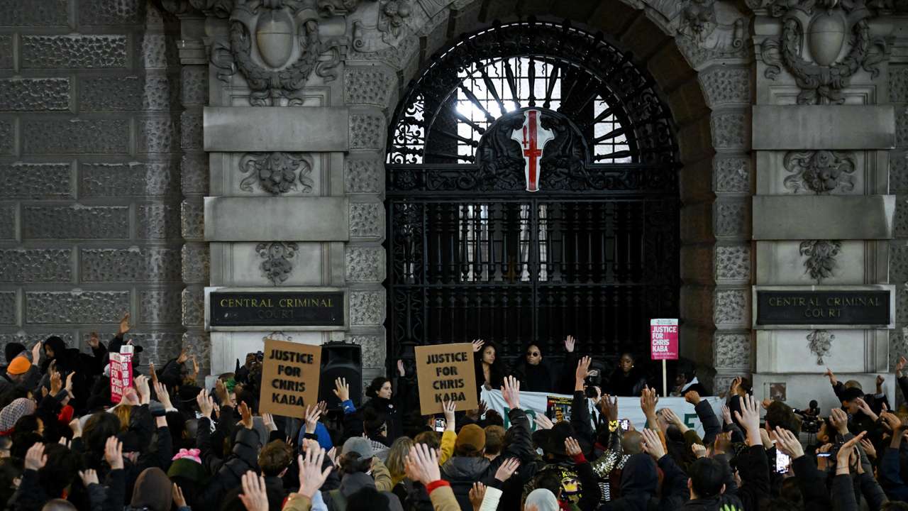 People gather outside Old Bailey after police officer was acquitted of 2022 murder of Chris Kaba, in London
