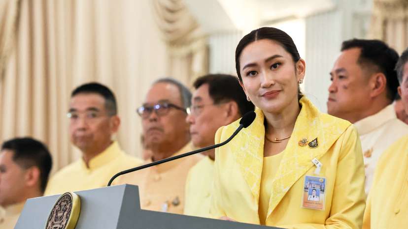 Thailand's Prime Minister Paetongtarn Shinawatra and her cabinet members attend a press conference in Bangkok