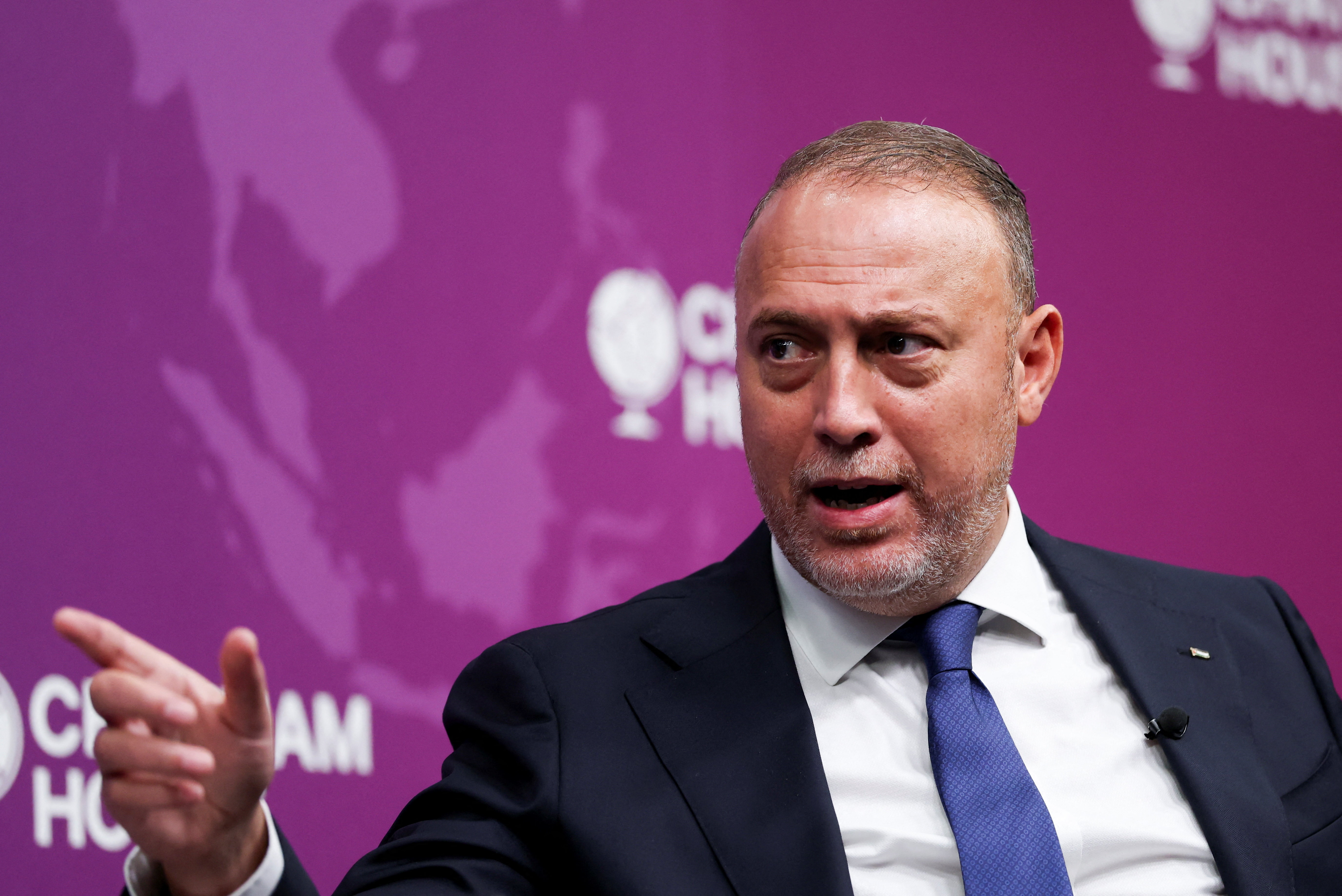 Head of Palestinian Mission to UK speaks at an event, in London