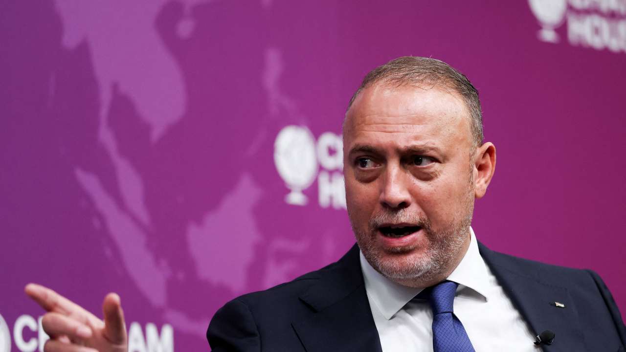 Head of Palestinian Mission to UK speaks at an event, in London