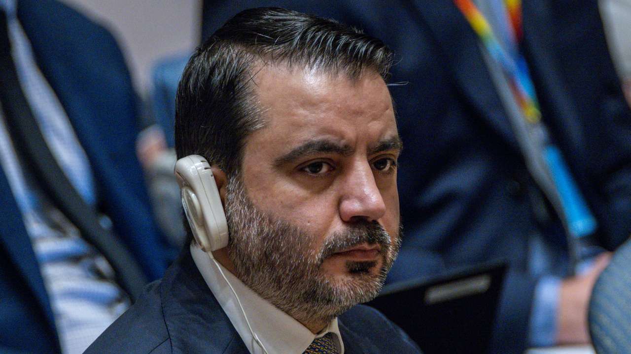 Syrian Foreign Minister Asaad Hassan al-Shibani attends a Security Council meeting about the situation in Syria at the United Nations Headquarters in New York