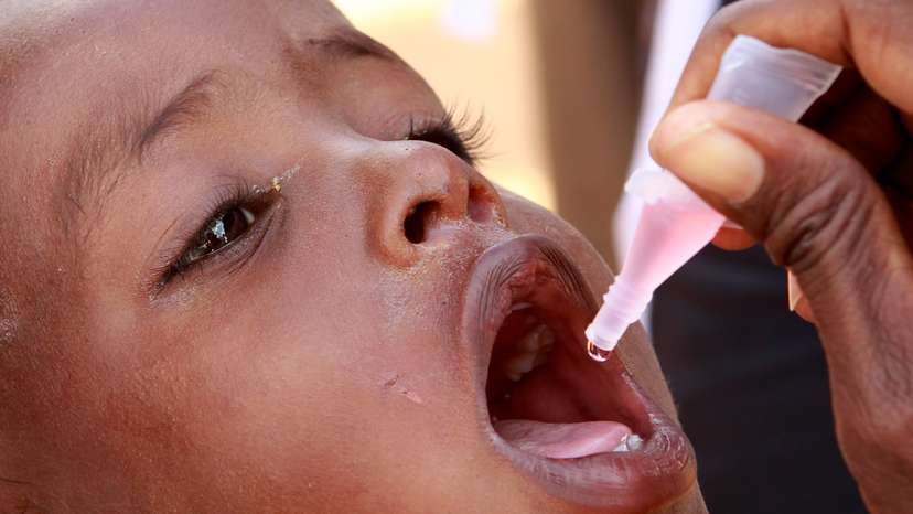 A newly arrived Somali refugee child receives a polio drop at the Ifo extension refugee camp in Dadaab