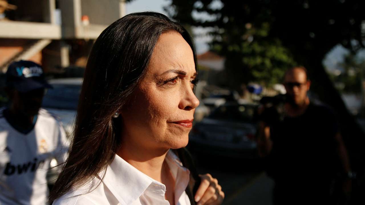 Opposition leader Maria Corina Machado addresses the media, in Caracas