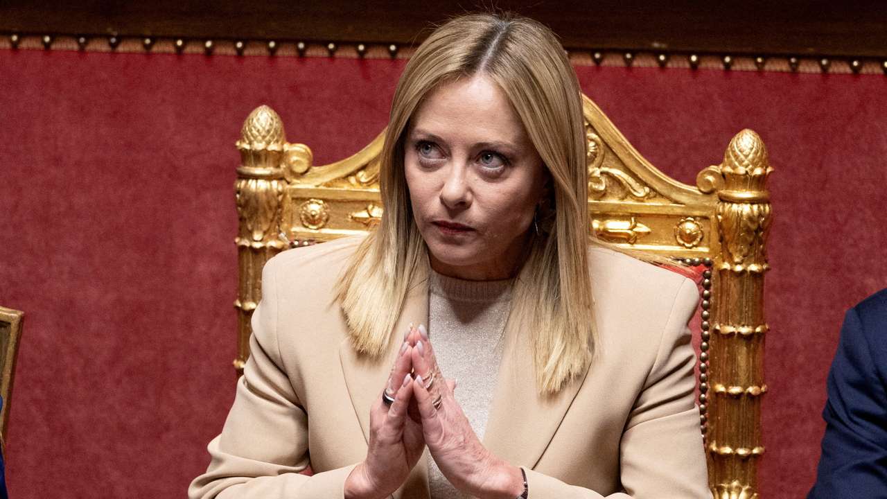 FILE PHOTO: Italy's PM Giorgia Meloni addresses the Senate, ahead of a European Council in Brussels, in Rome