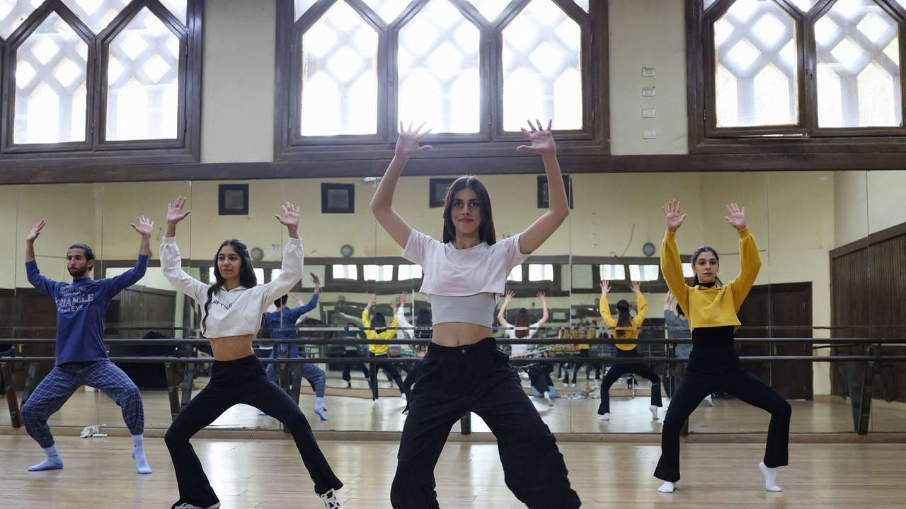 Dancers perform during rehearsals at Higher Institute of Dramatic Arts in Damascus