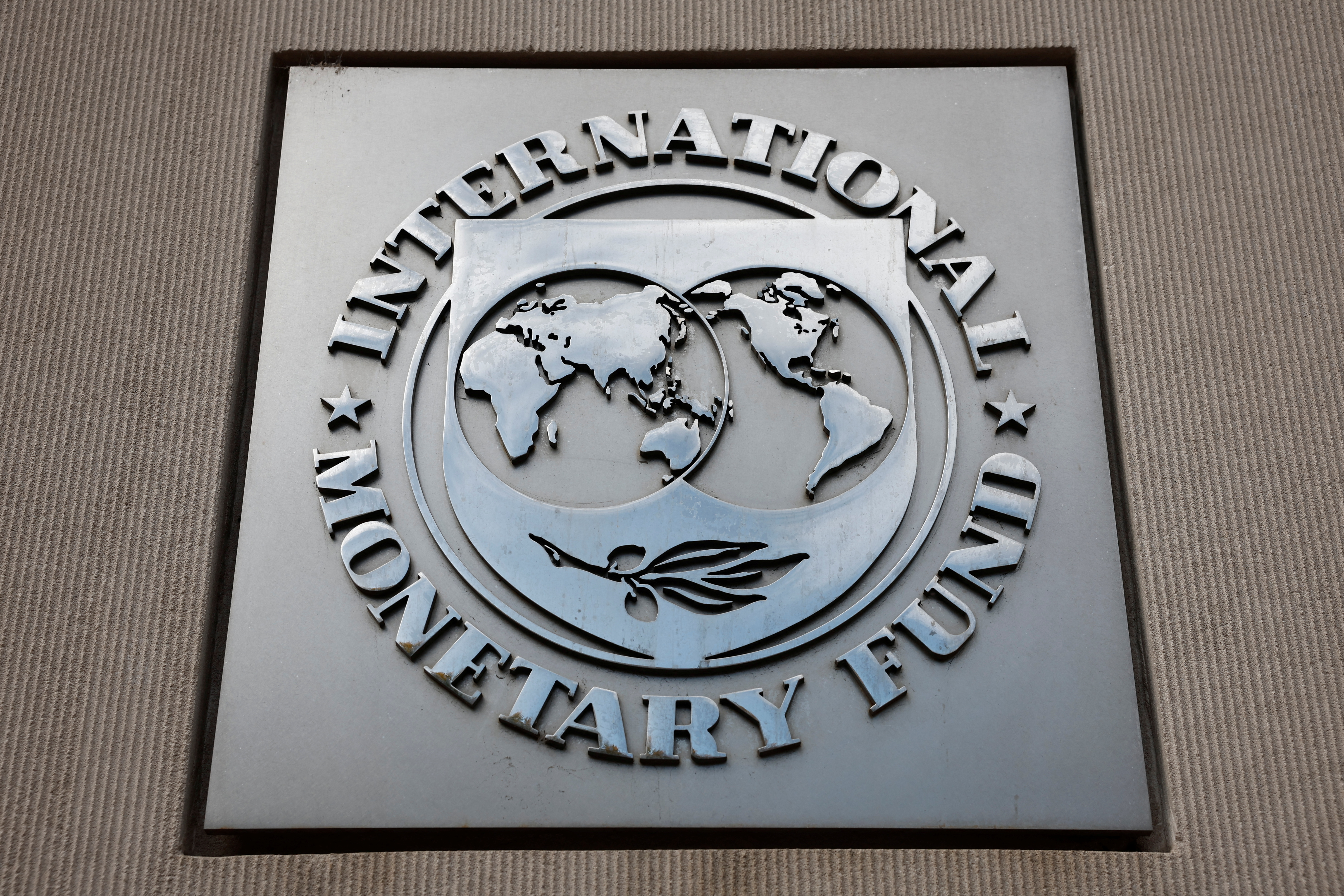 A view of the International Monetary Fund (IMF) logo at its headquarters in Washington, D.C.