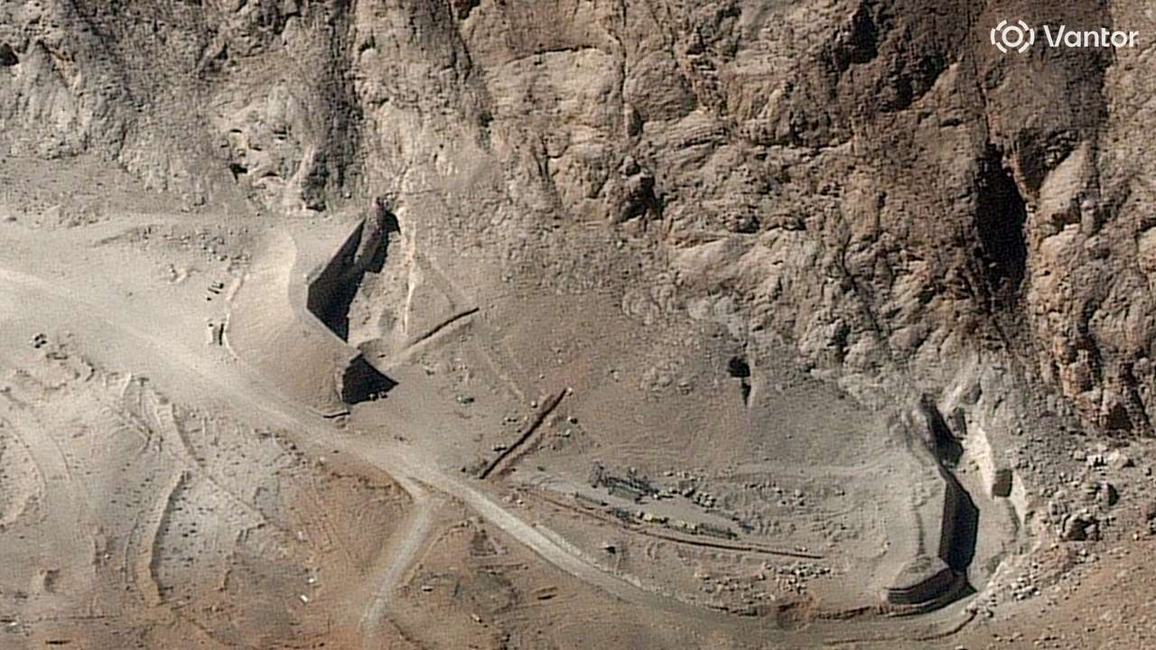 Satellite image shows a closer view of the destroyed tunnel entrances at Isfahan missile complex