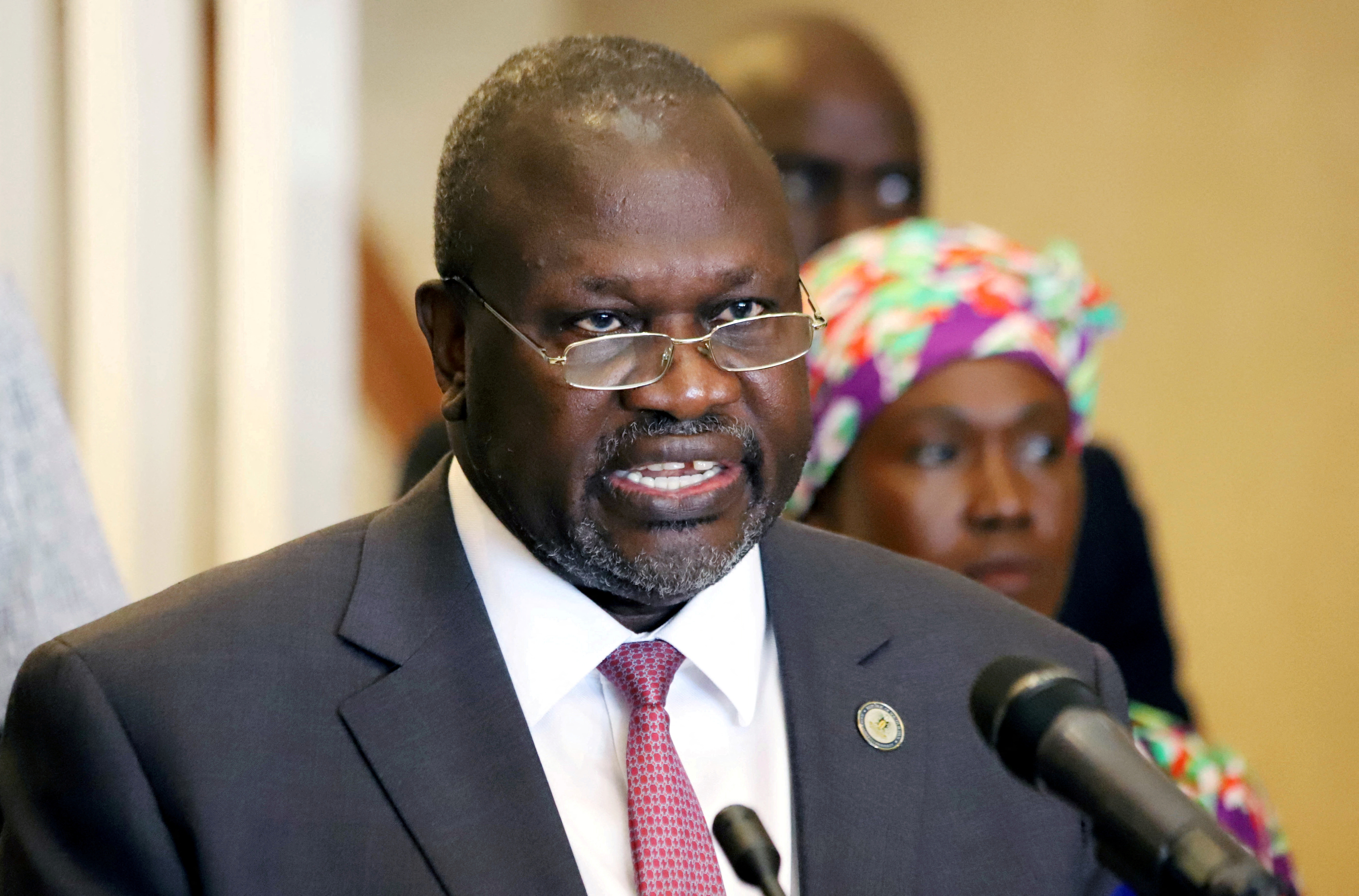 FILE PHOTO: South Sudan's Vice President Riek Machar addresses a news conference in Juba