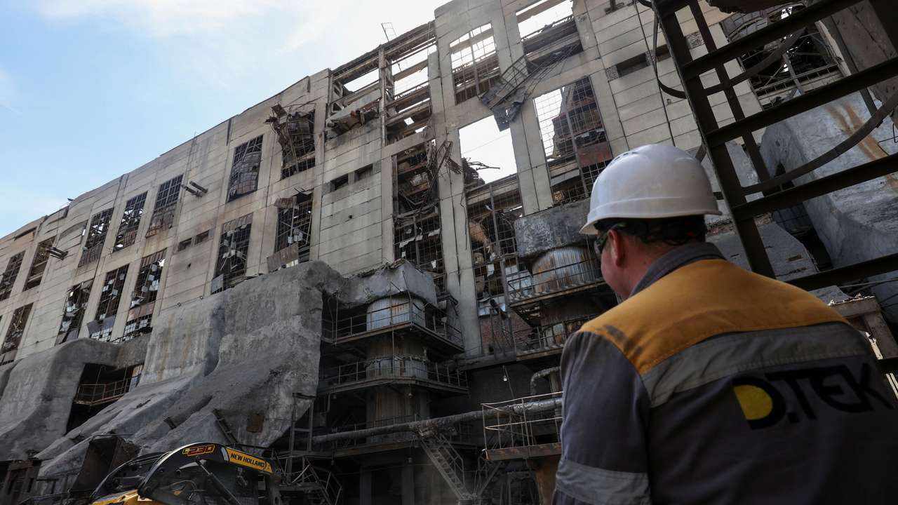 View shows a thermal power plant damaged by recent Russian missile strikes in Ukraine