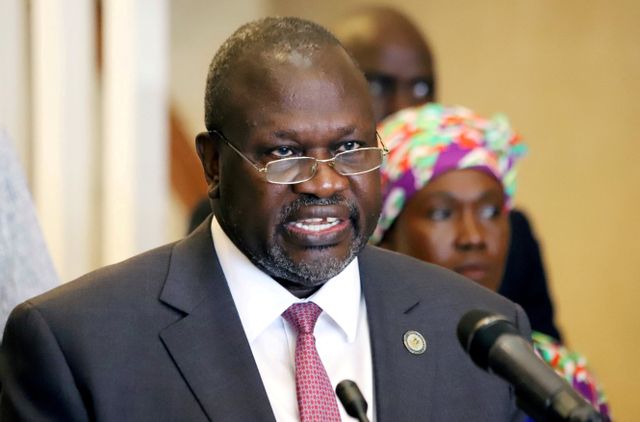 FILE PHOTO: South Sudan's Vice President Riek Machar addresses a news conference in Juba