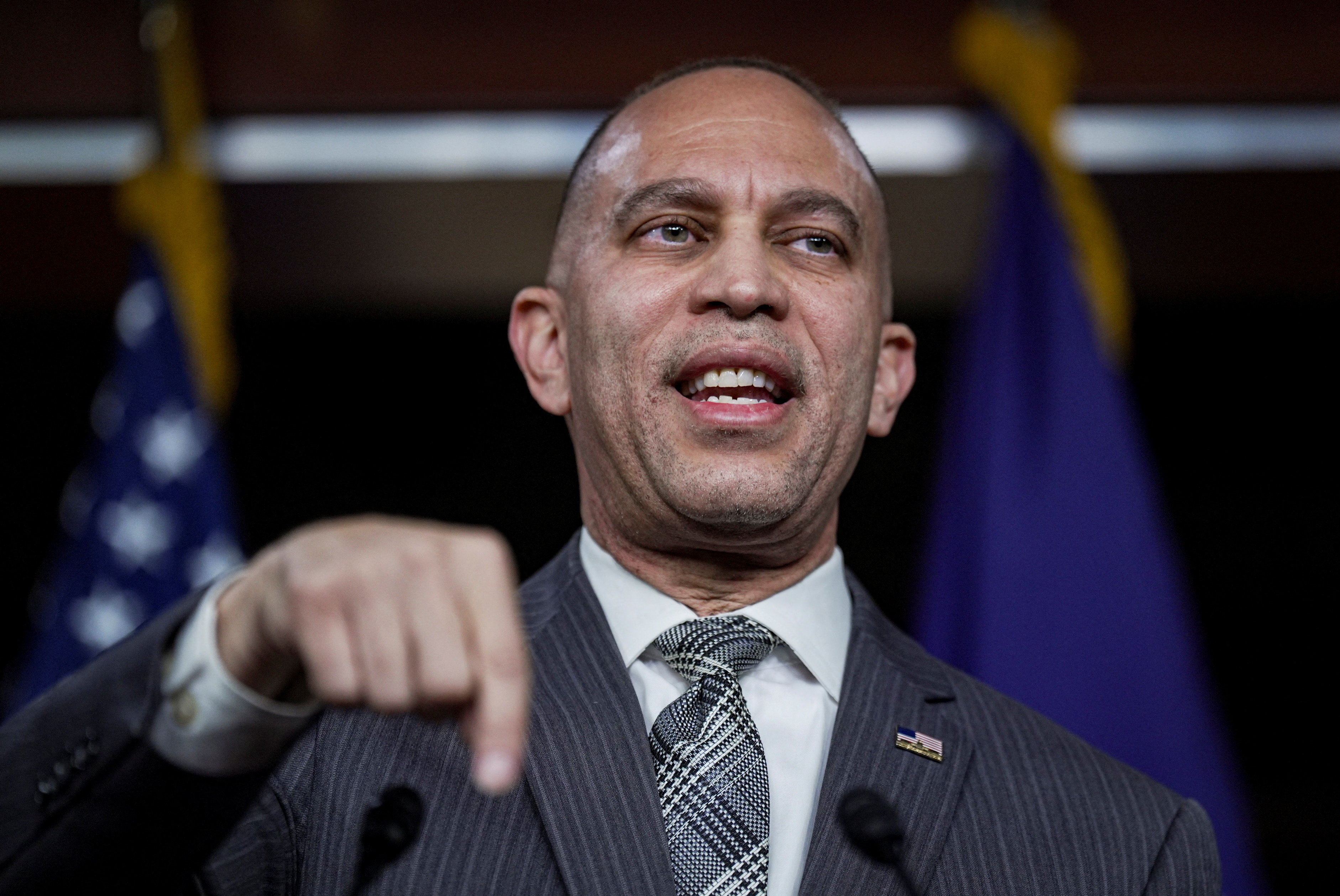 U.S. House Democratic Leader Hakeem Jeffries (D-NY) speaks during a press conference