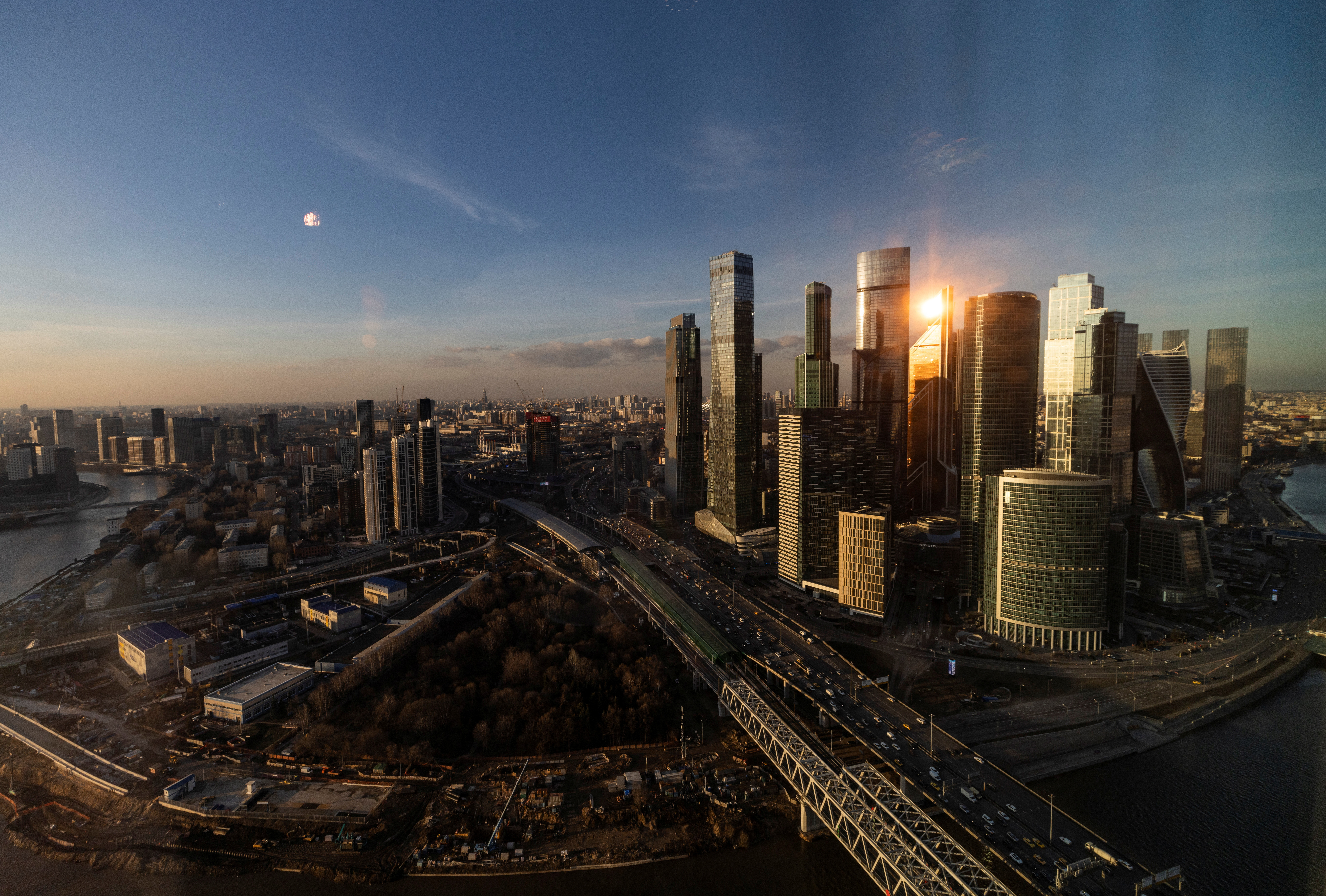 An aerial view shot through a window shows Moscow International Business Centre