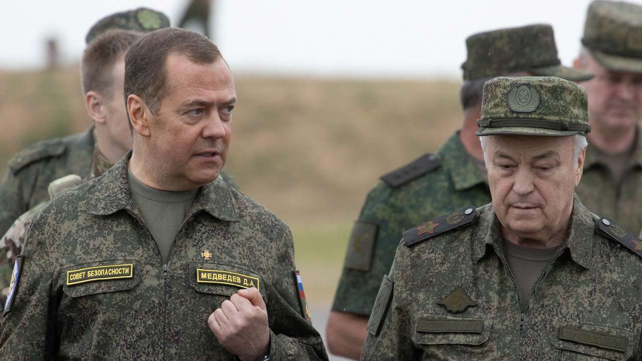 Russia's Deputy head of the Security Council Dmitry Medvedev visits the Prudboi military training ground in Volgograd region