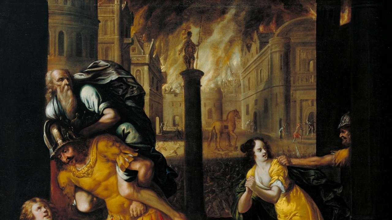 Aeneas and his Family Fleeing Burning Troy painting by Henry Gibbs, 1654