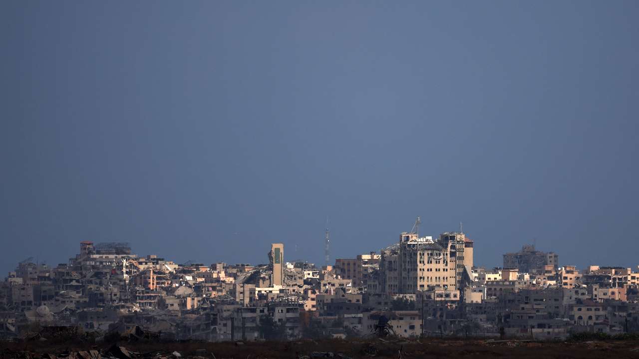 A general view of damaged buildings in Gaza, as seen from Israel