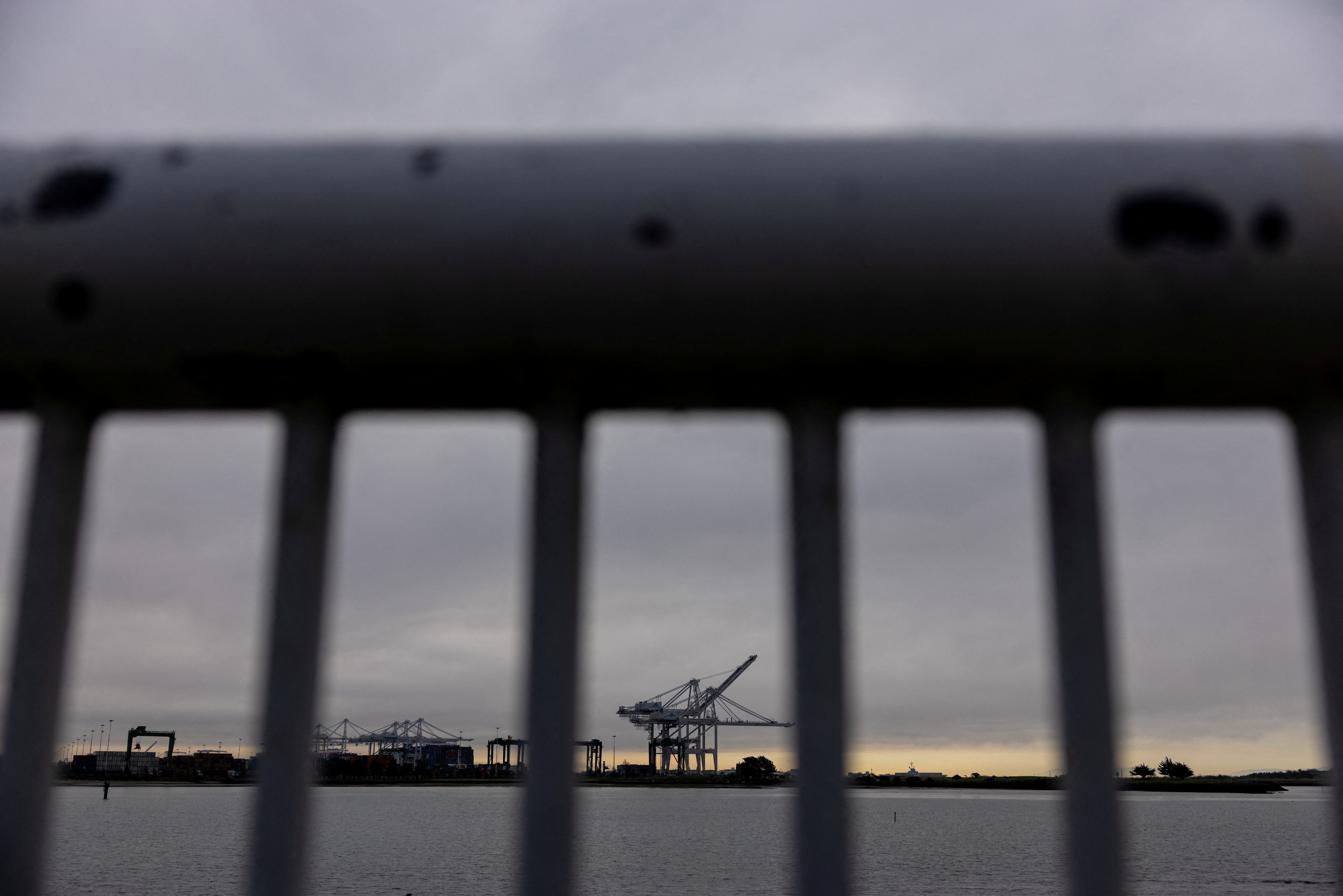 A view of an empty shipping containers terminal at the port of Oakland, California