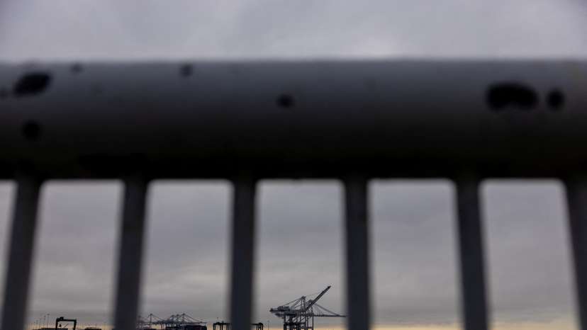 A view of an empty shipping containers terminal at the port of Oakland, California