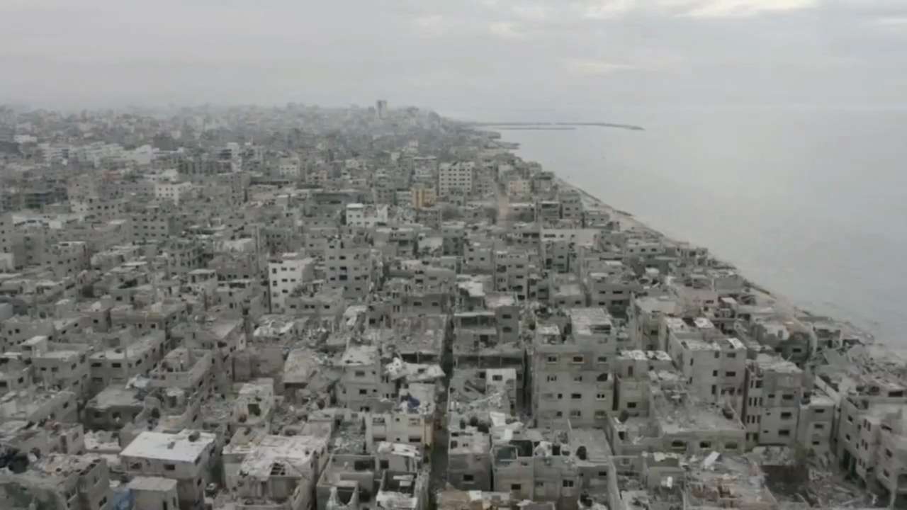 A view of damaged buildings, amid the ongoing conflict between Israel and the Palestinian Islamist group Hamas, in Gaza
