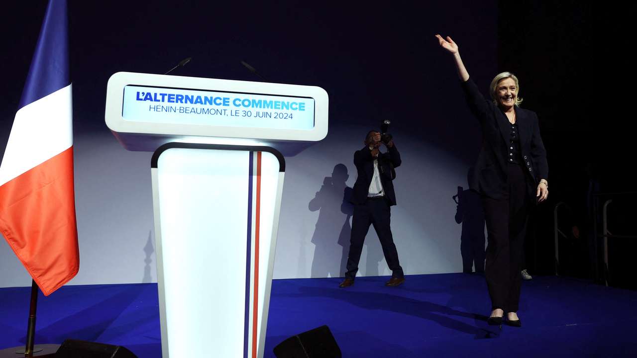 Marine Le Pen reacts after first round results of the 2024 snap legislative elections