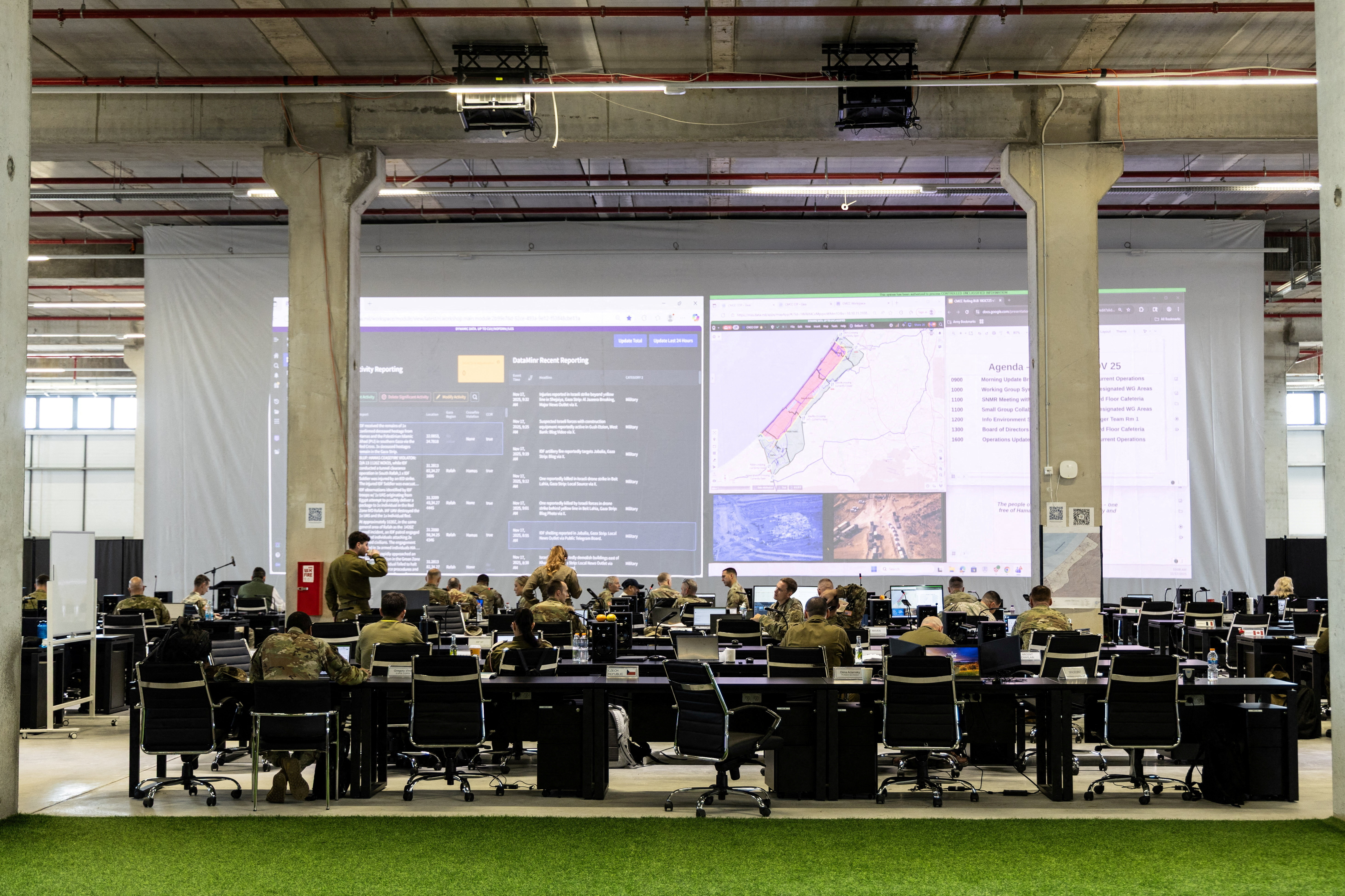 Soldiers of multiple countries convene at the Civil Military Coordination Centre, the U.S.-led centre overseeing the implementation of President Donald Trump's plan to end the war in Gaza, in Kiryat Gat in southern Israel