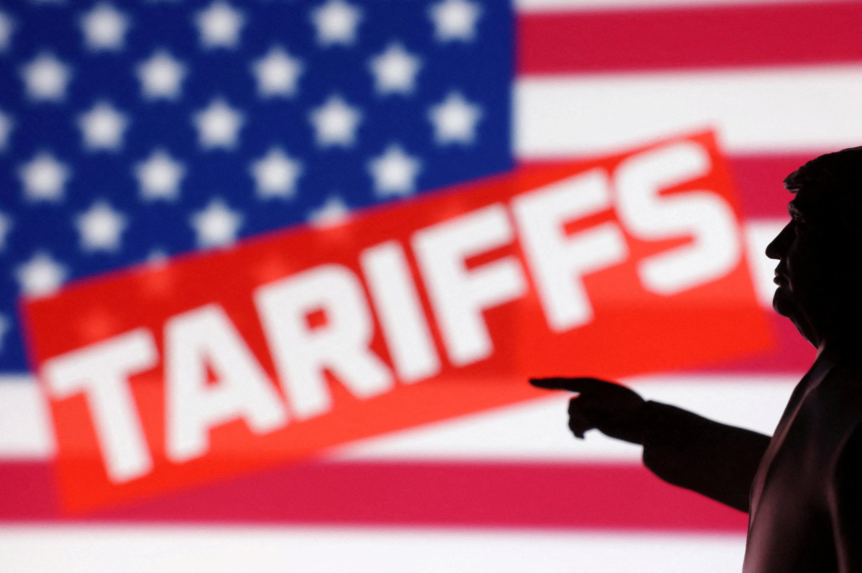 Illustration shows 3D-printed miniature model depicting U.S. President Donald Trump, U.S. flag and word "Tariffs\