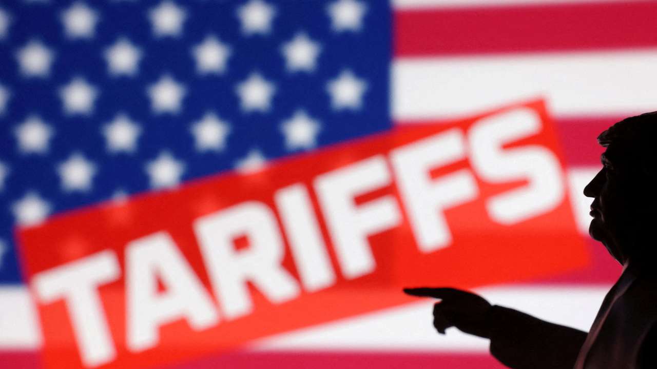 Illustration shows 3D-printed miniature model depicting U.S. President Donald Trump, U.S. flag and word "Tariffs\