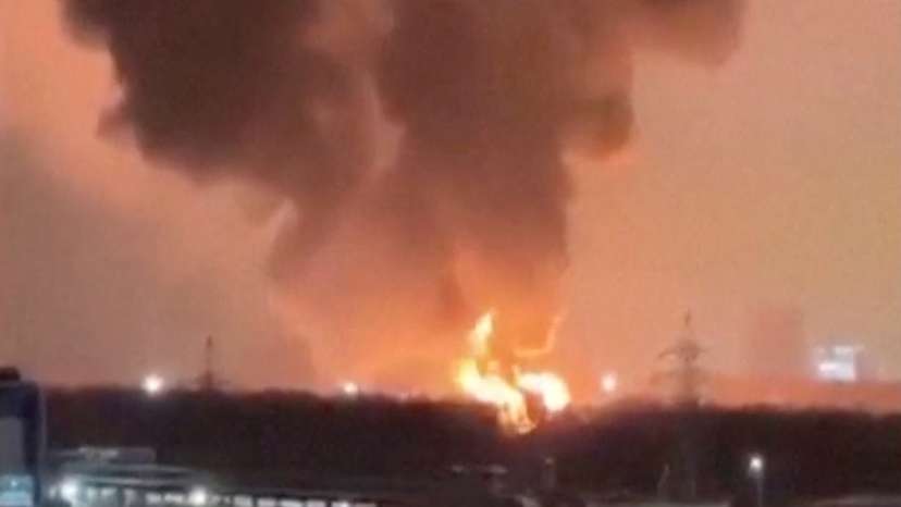 Smoke and flames rise from a fire after an explosion near an industrial site in Kazan