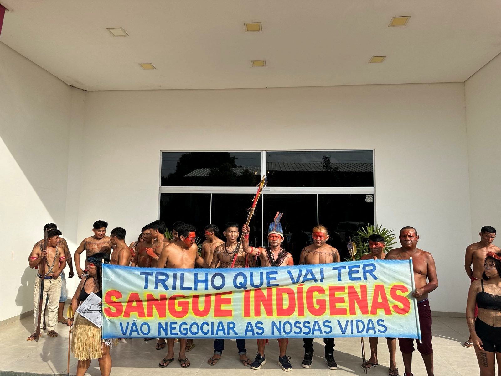 Indigenous people demonstrate against the construction of a grain railway in the Amazon, in Novo Progresso