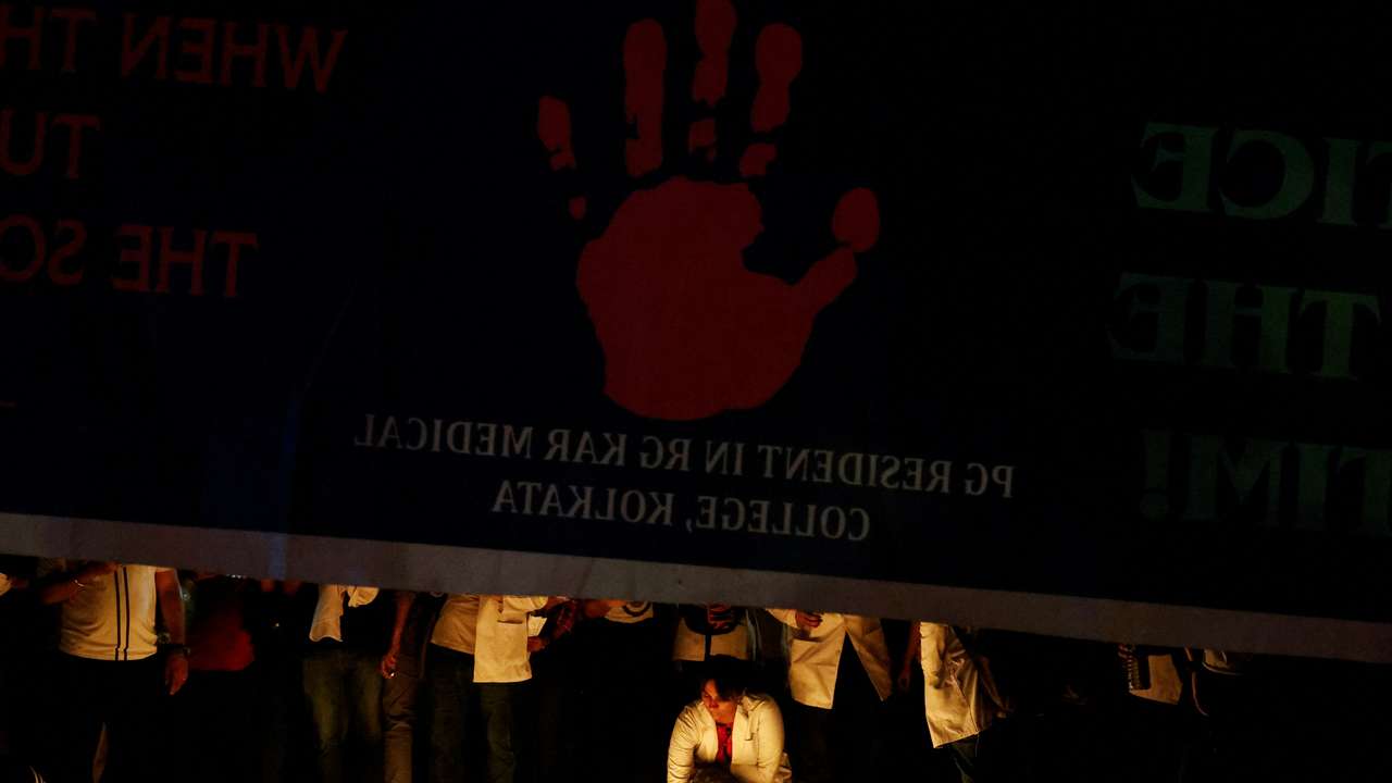 Protest rally demanding justice following the rape and murder of a trainee medic at a hospital in Kolkata, in New Delhi