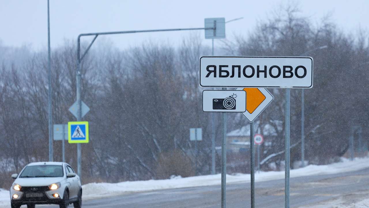 A view shows a road sign with the name of Yablonovo village near the crash site of the Russian Ilyushin Il-76 military transport plane in Belgorod Region
