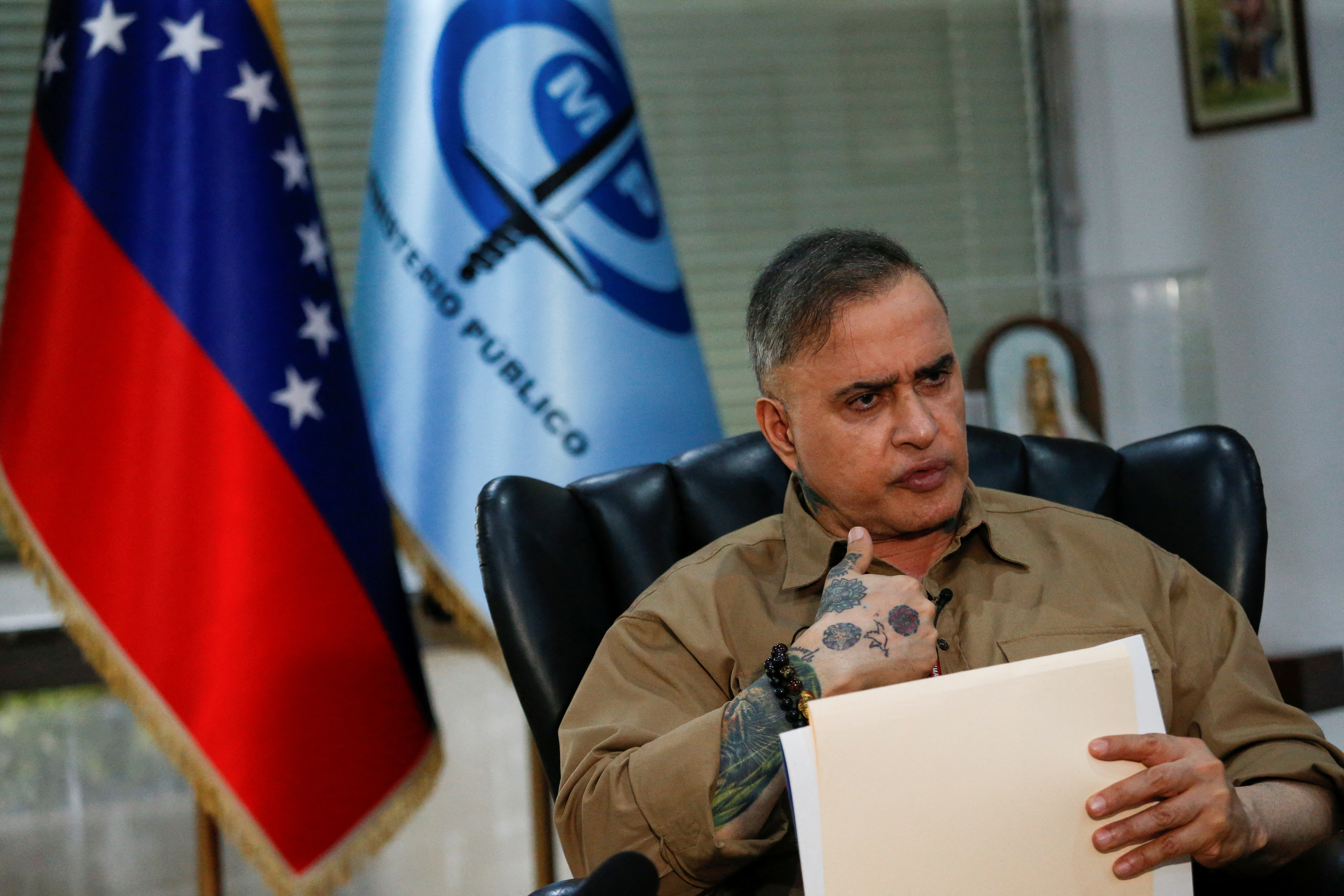 Venezuela's Attorney General Tarek Saab speaks to Reuters in an interview, in Caracas