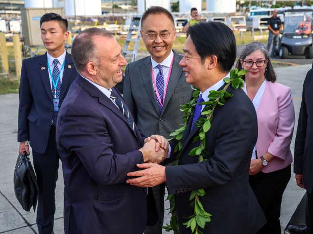 Hawaii Governor Josh Green greets Taiwan's President Lai Ching-te on his arrival in Honolulu