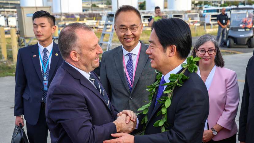 Hawaii Governor Josh Green greets Taiwan's President Lai Ching-te on his arrival in Honolulu