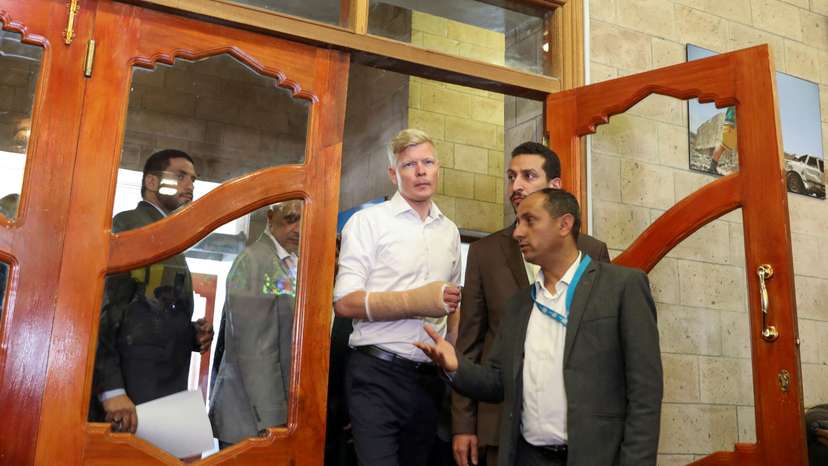 United Nations envoy to Yemen Hans Grundberg arrives to a media briefing at Sanaa Airport in Sanaa