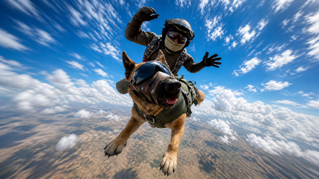 Belgian Malinois skydives with Kazakhstan forces