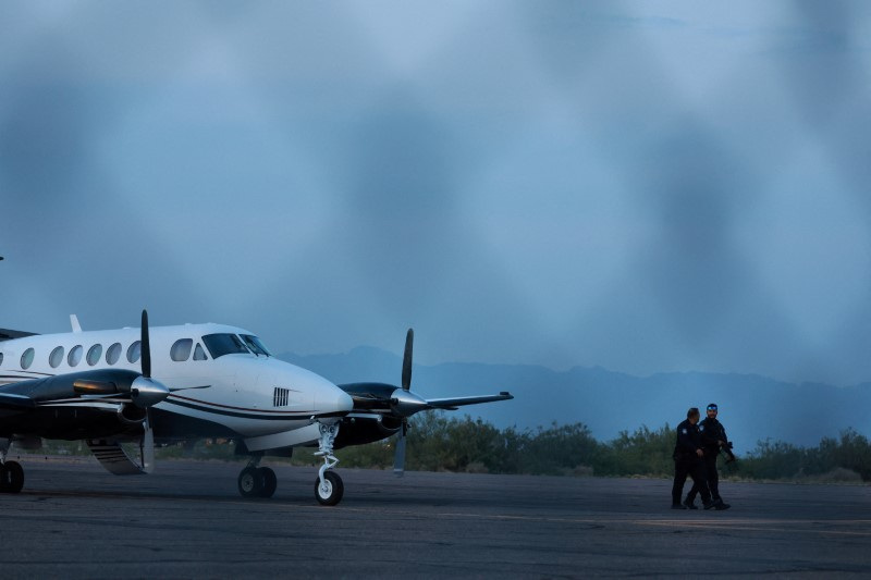 FILE PHOTO: A plane believed to have carried Mexican drug lord Mexican drug lord Ismael "El Mayo" and Joaquin Guzman Lopez arrested in El Paso, is seen in Santa Teresa