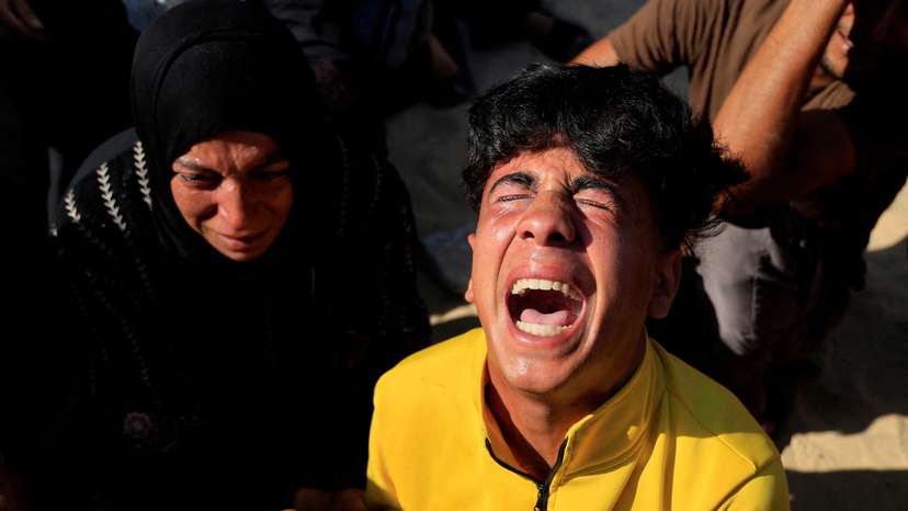 Aftermath of an overnight Israeli strike on a tent, according to Gaza’s health ministry, in Khan Younis