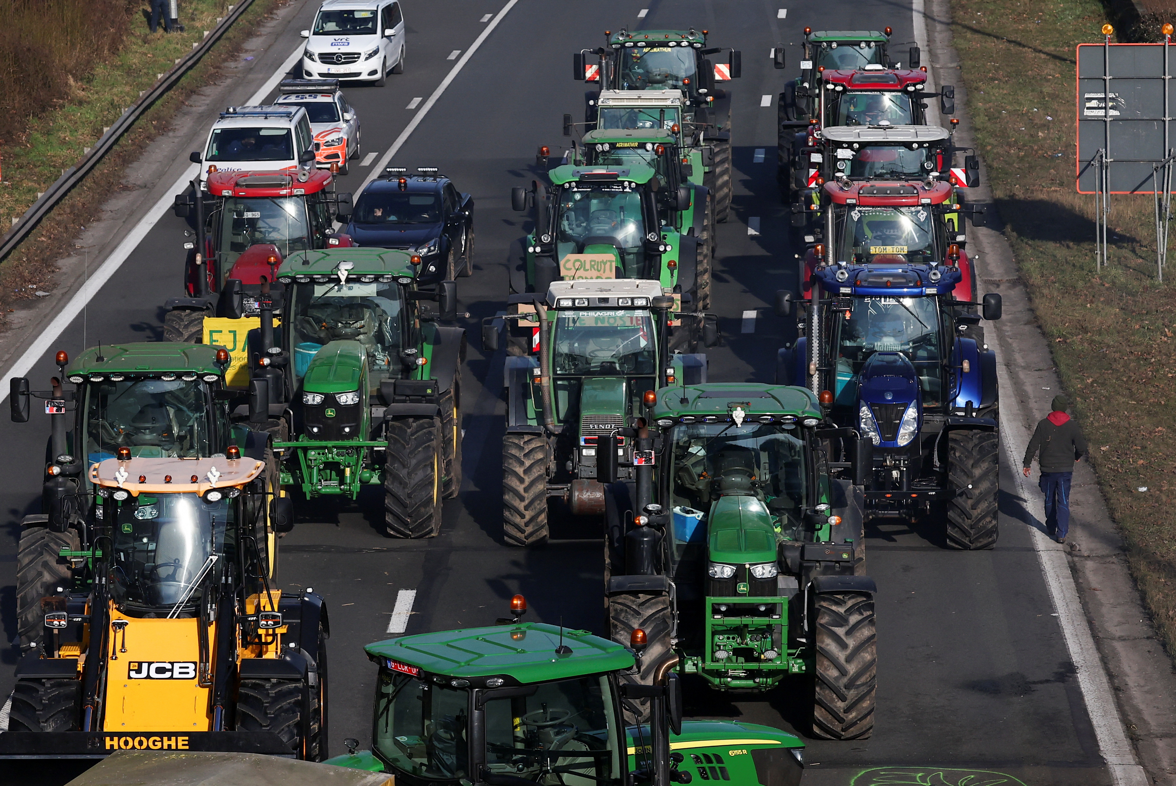 Belgian farmers block the Brussels ring as they protest, in Halle