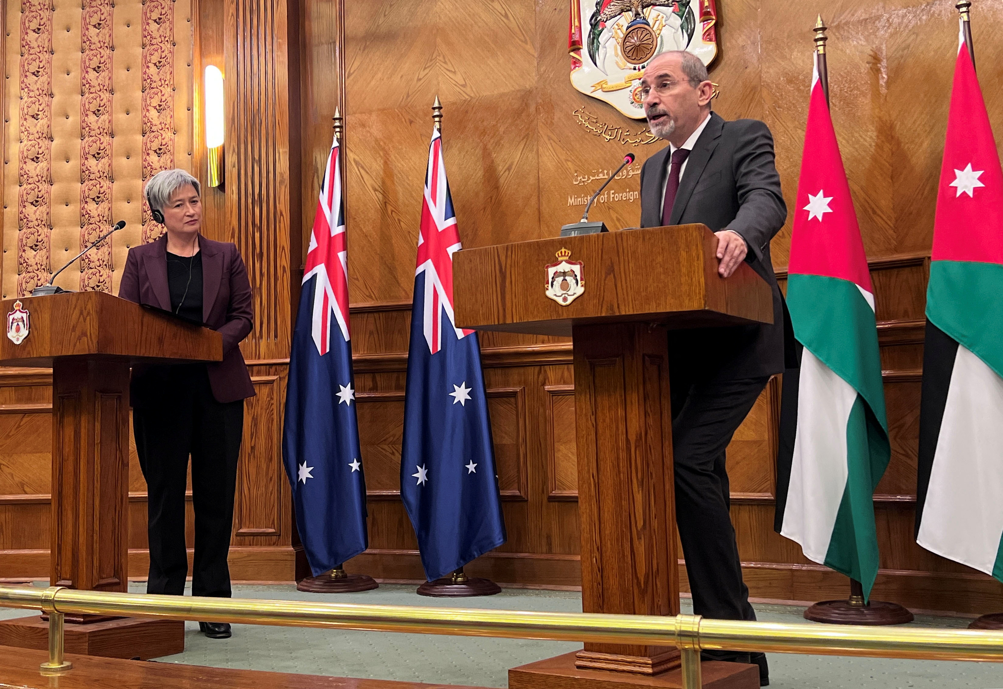 Jordanian Foreign Minister Ayman Safadi attends a press conference with Australian Foreign Minister Penny Wong in Amman