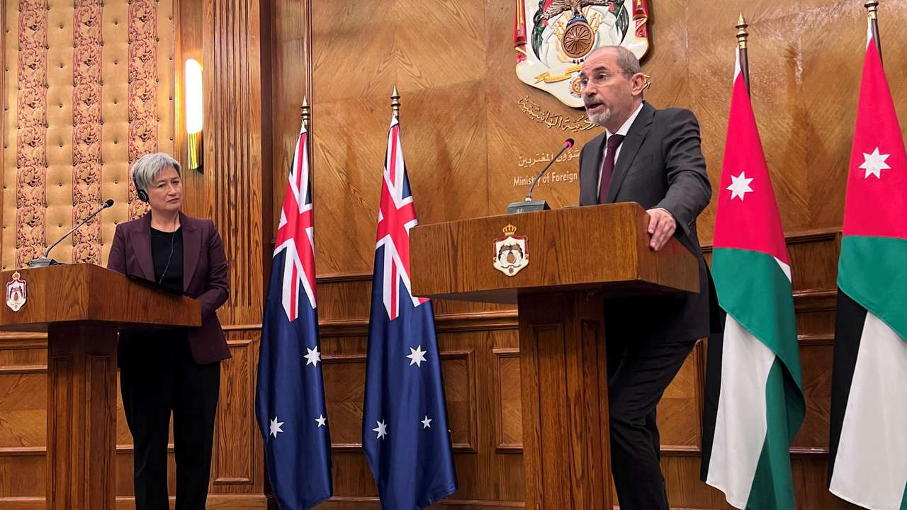 Jordanian Foreign Minister Ayman Safadi attends a press conference with Australian Foreign Minister Penny Wong in Amman