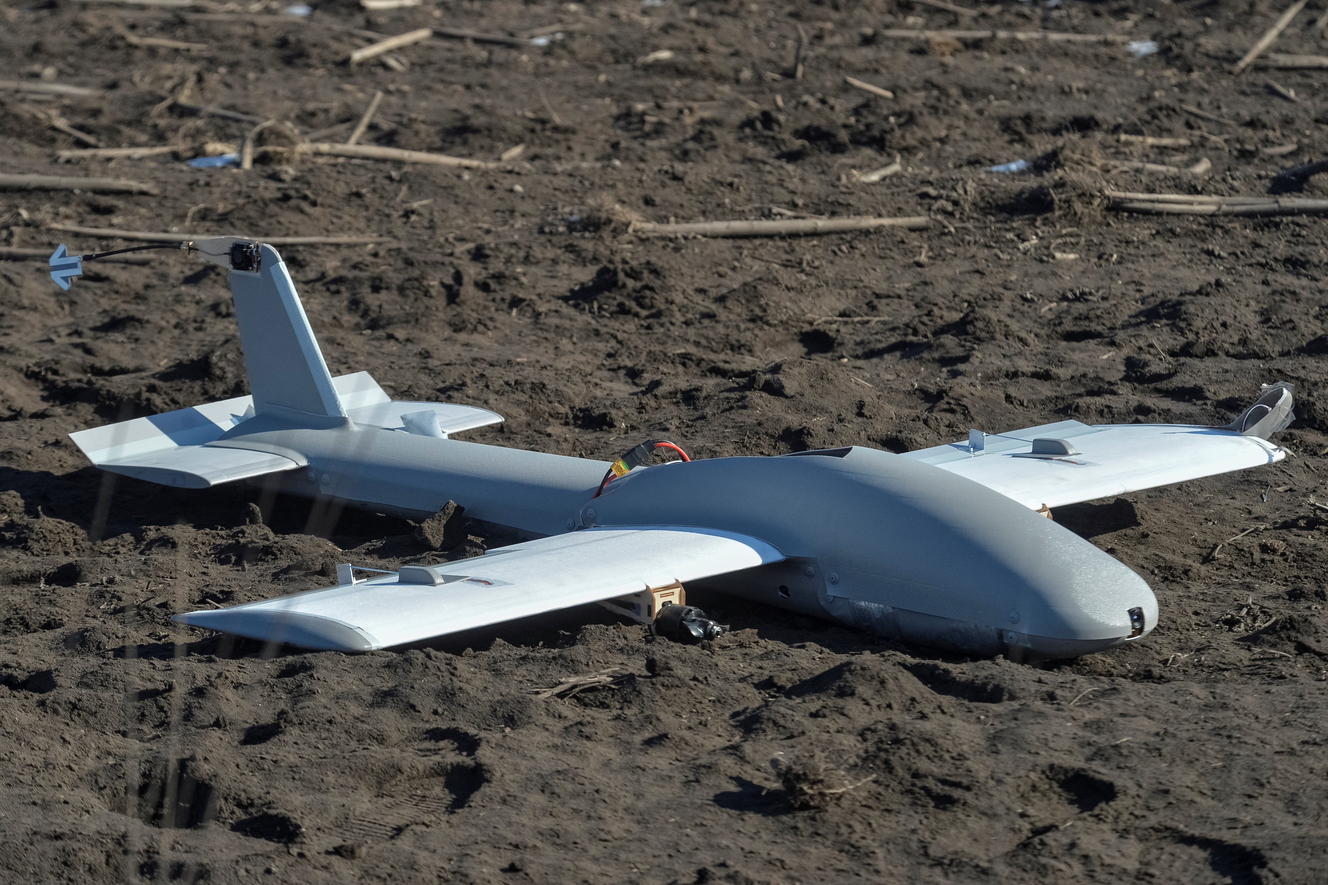 A downed Russian drone is seen near the frontline in Dnipropetrovsk region