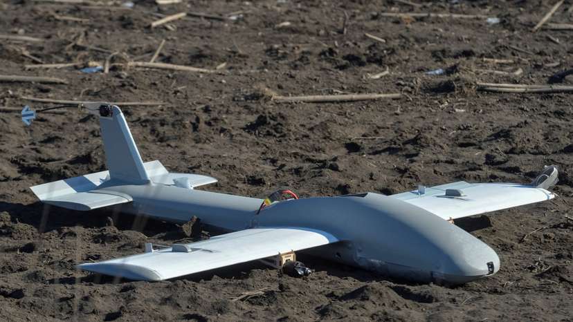 A downed Russian drone is seen near the frontline in Dnipropetrovsk region