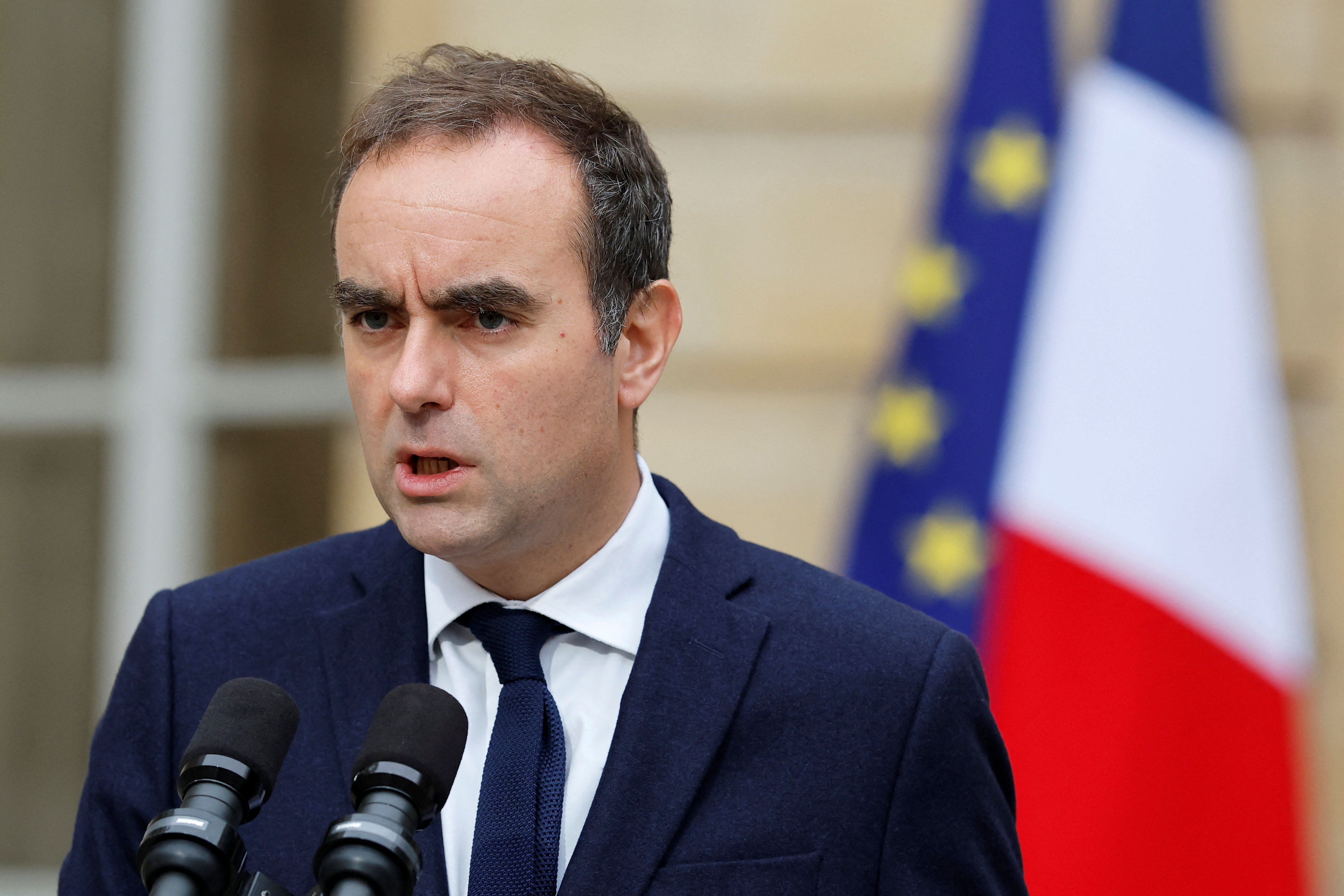 French outgoing Prime Minister Lecornu makes an address at Matignon in Paris