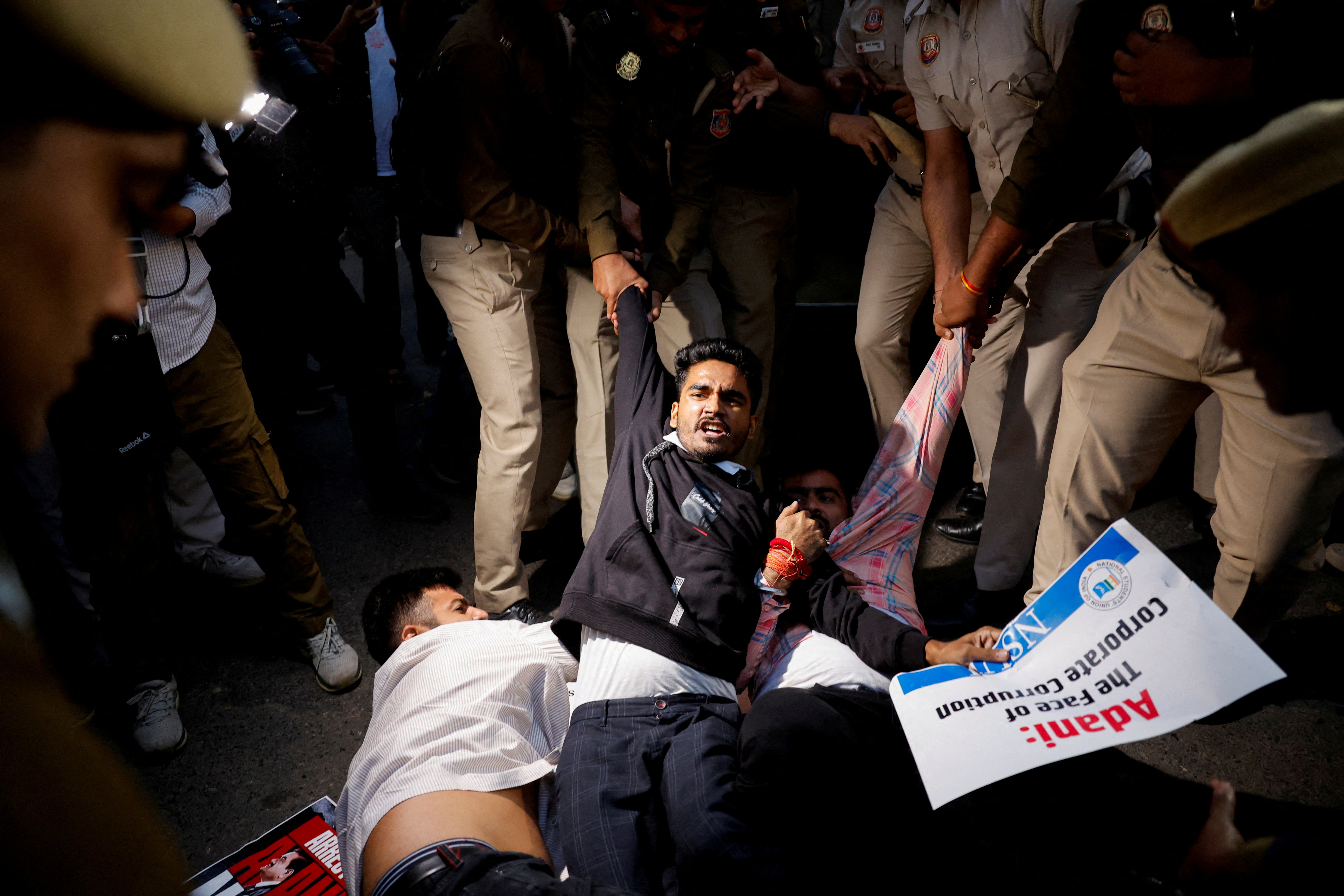 FILE PHOTO: Protest against Indian billionaire Gautam Adani, in New Delhi