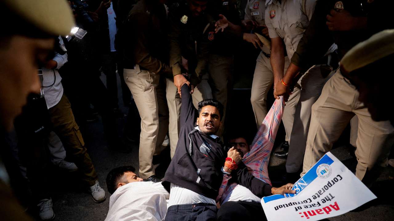FILE PHOTO: Protest against Indian billionaire Gautam Adani, in New Delhi