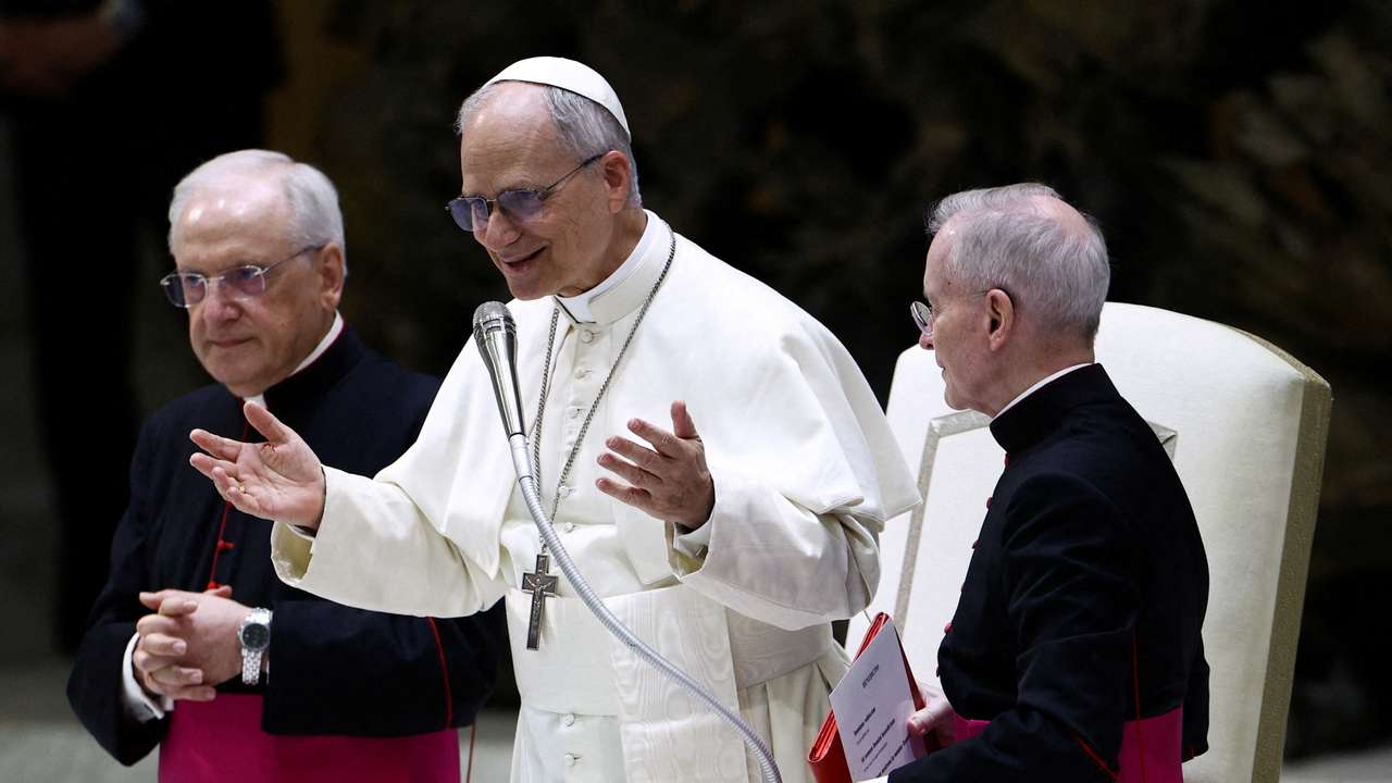 FILE PHOTO: Pope Leo XIV holds an audience with representatives of the media in Paul VI hall at the Vatican