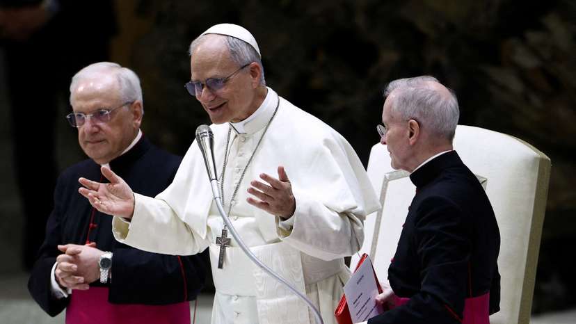 FILE PHOTO: Pope Leo XIV holds an audience with representatives of the media in Paul VI hall at the Vatican