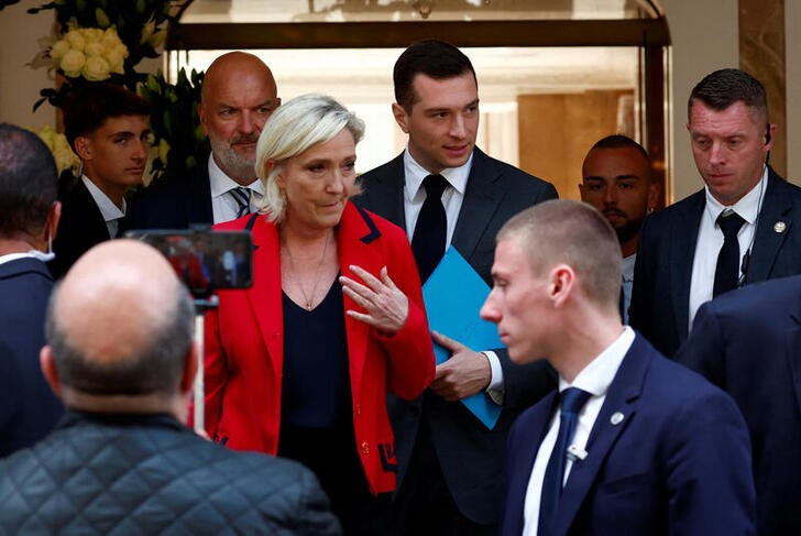 President of the French far-right RN party Bardella attends a press conference for early legislative elections