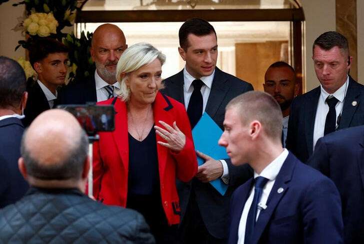 President of the French far-right RN party Bardella attends a press conference for early legislative elections